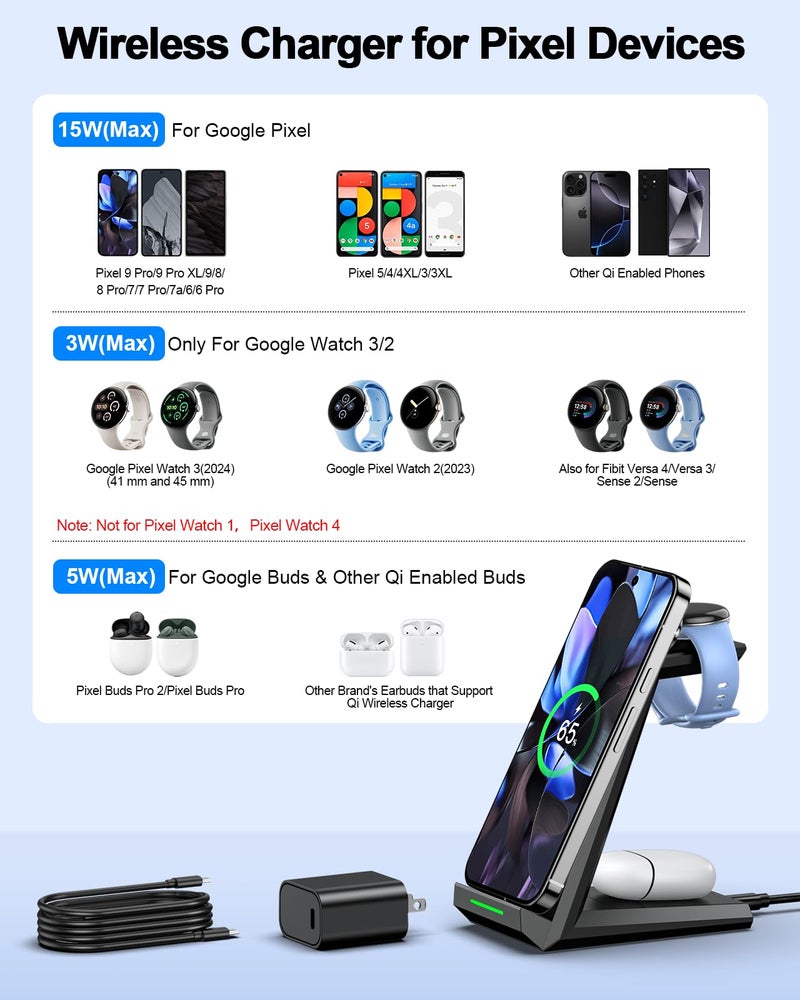 NANAMI Wireless Charger for Google - 3 in 1 Wireless Charging Station Fast Charger Stand Dock for Pixel 9/9 Pro XL/Fold/8/7,Buds Pro 2/Pro, Watch 3/2,Fitbit Versa 4/Sense 2(Not for Pixel Watch 1/4) - Image 2