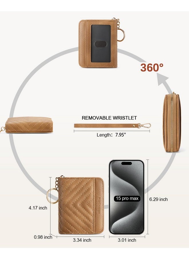 Bostanten Credit Card Holder Wallet Rfid Blocking Leather Small Wallet For Women Zipper Keychain Wallet With Wristlet Camel  - Image 4