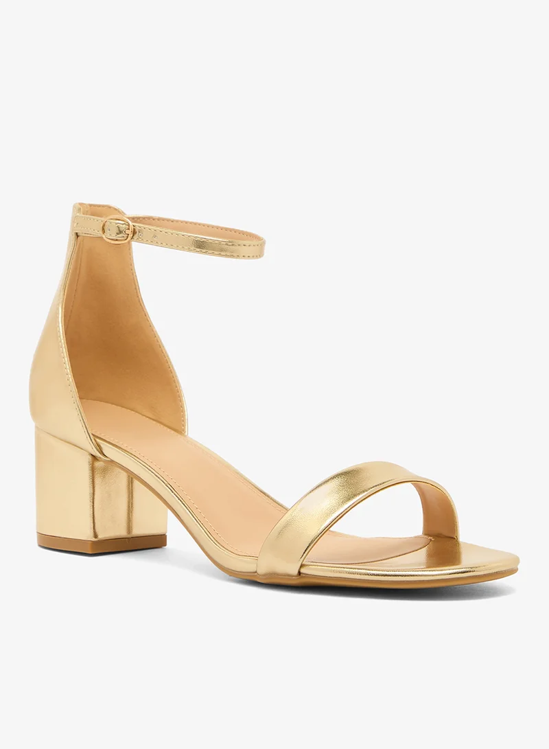 ترافل من نمشي صنادل كلاسيكية بكعب عريض قصير ذهبي