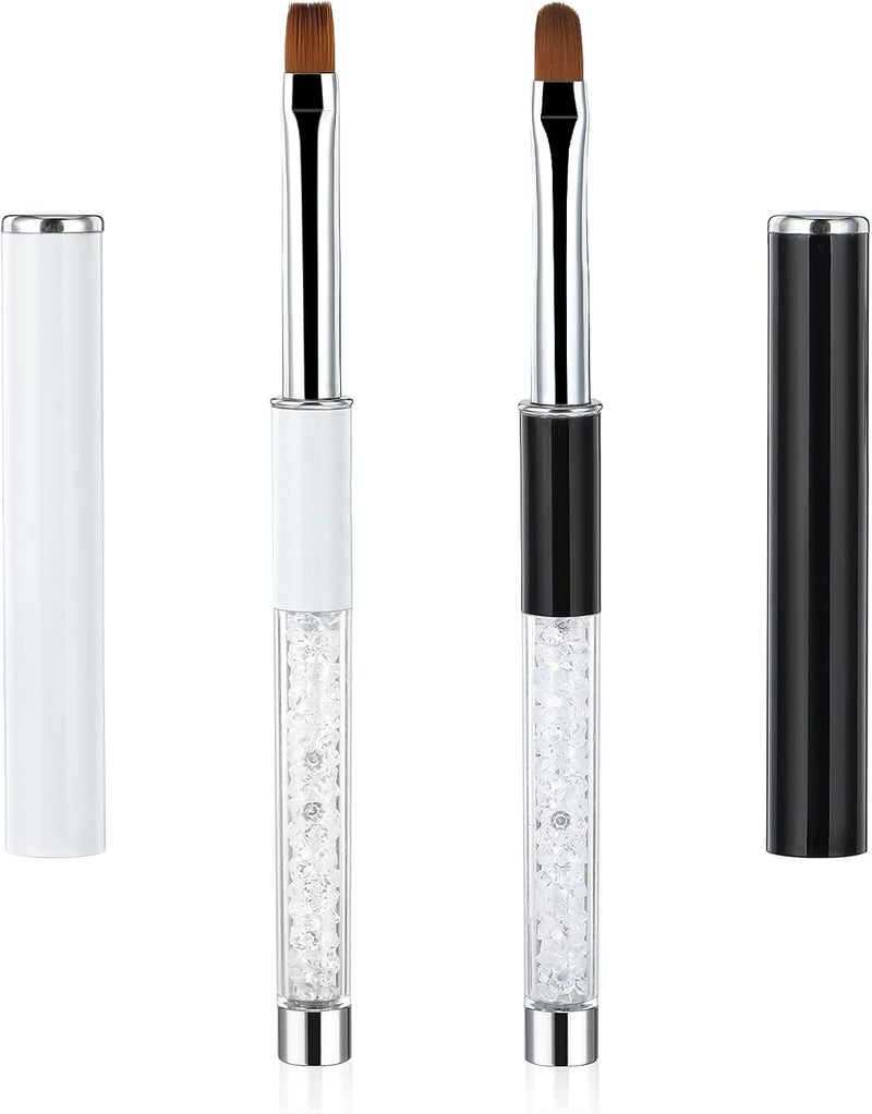 2Pcs Gel Nail Brush Oval Flat UV Gel Nail Brush Set with Rhinestone Handle Builder Nail Art Clean Up Brushes for Nail Art Design Painting DIY and Cleaning Polish Mistake on the Cuticles