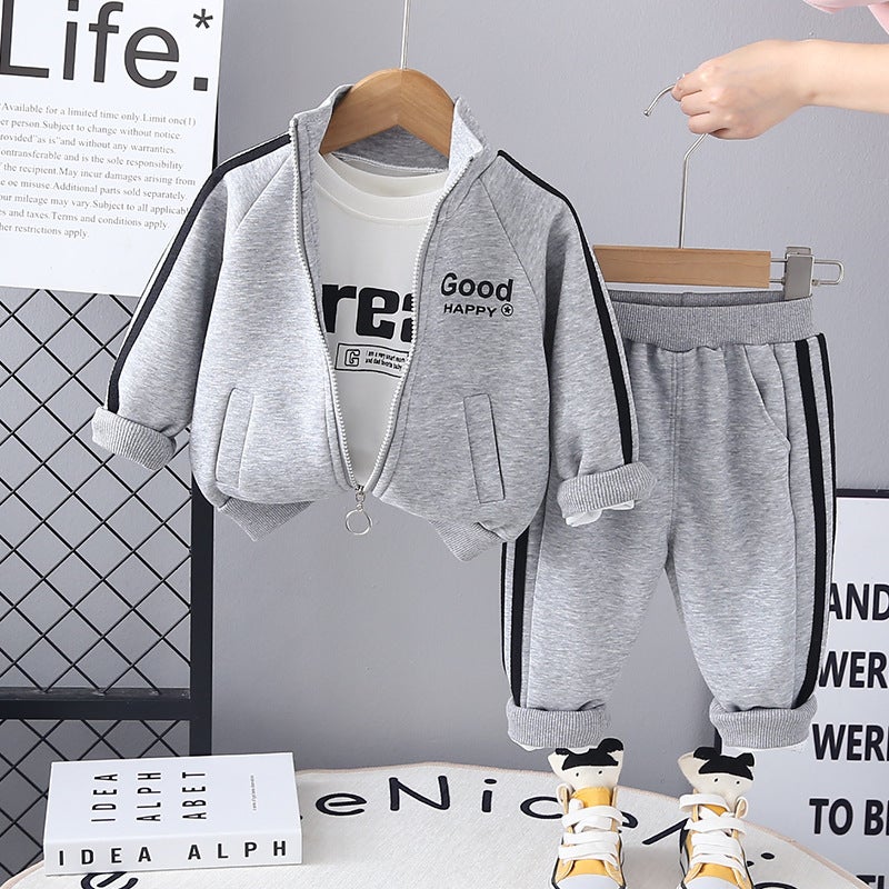 Childrens Boys Sportswear suit Childrens Wear Childrens Set Collar Zipper Cardigan Casual Wear Spring Wear Three-piece Set Gray