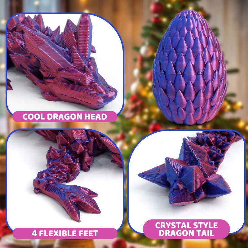 Flavery 3D Printed Dragon Egg- Red Blue - Surprise Easter Egg with Flexible Crystal Dragon Inside, Easter Basket Stuffers, 3D Printed Gift Toy, Desk Executive Pet, Figurine Decor(12â€ Dragon) - Image 5