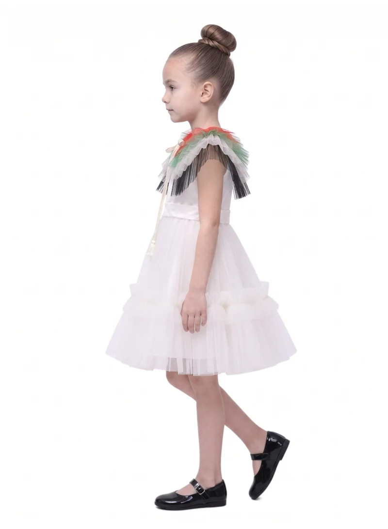 بيداني Girls White Satin & Tulle Occasion Dress with Removable UAE Flag Cape Collar