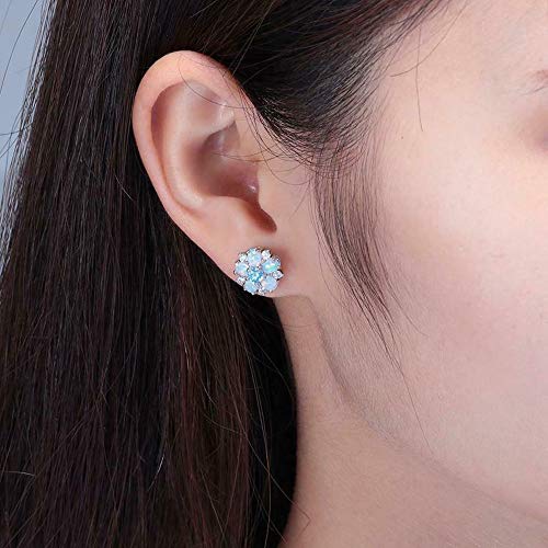 CiNily Flower Earrings,Blue Opal Stud Earrings Sterling Silver Plated Ladies Flower Stud Earrings Cute Unique Earrings - Image 4