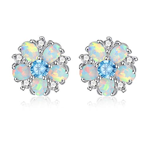 CiNily Flower Earrings,Blue Opal Stud Earrings Sterling Silver Plated Ladies Flower Stud Earrings Cute Unique Earrings - Image 1