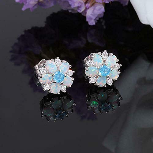 CiNily Flower Earrings,Blue Opal Stud Earrings Sterling Silver Plated Ladies Flower Stud Earrings Cute Unique Earrings - Image 2