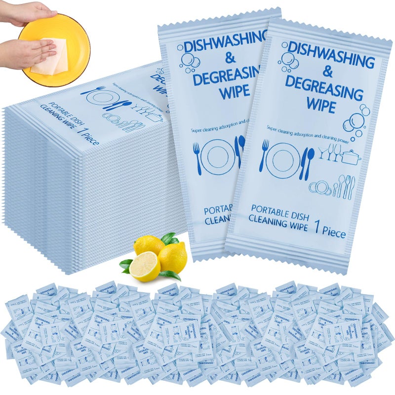 Tondiamo 300 Pcs Travel Dish Soap Wipes Individually Wrapped Dish Cleaning Wipes Disposable Portable Cleaner with Lemon Scent for Camping Kitchen Outdoor Traveling Quick Clean
