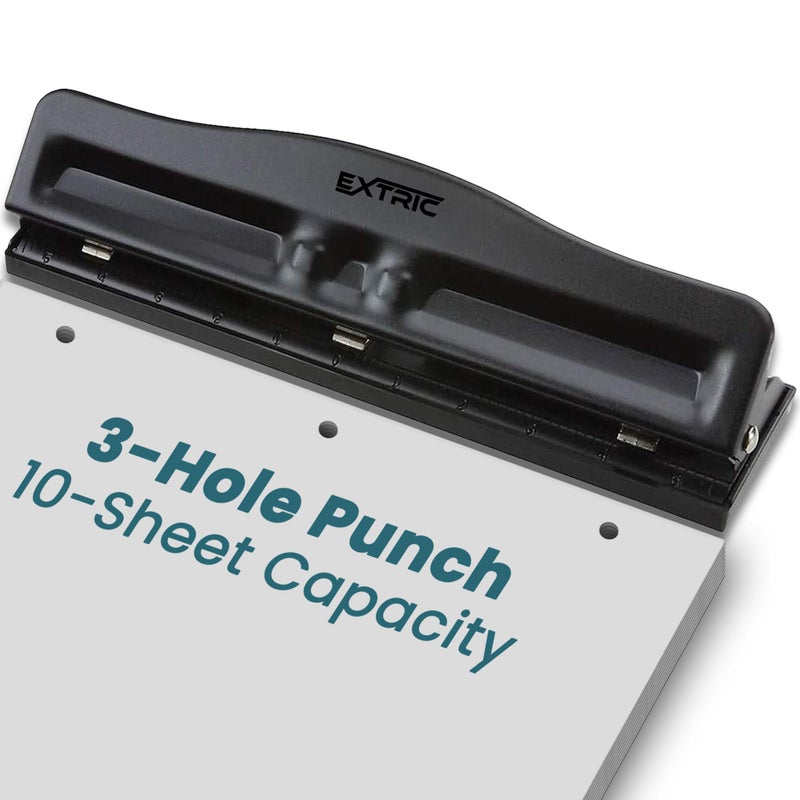EXTRIC 3 Hole Punch for Binder Adjustable Heavy Duty 3 Ring Hole Punch 10 Sheet Capacity Durable Metal Three Hole Puncher with Paper Guide Rubber Base Easy Clean Tray for Office School
