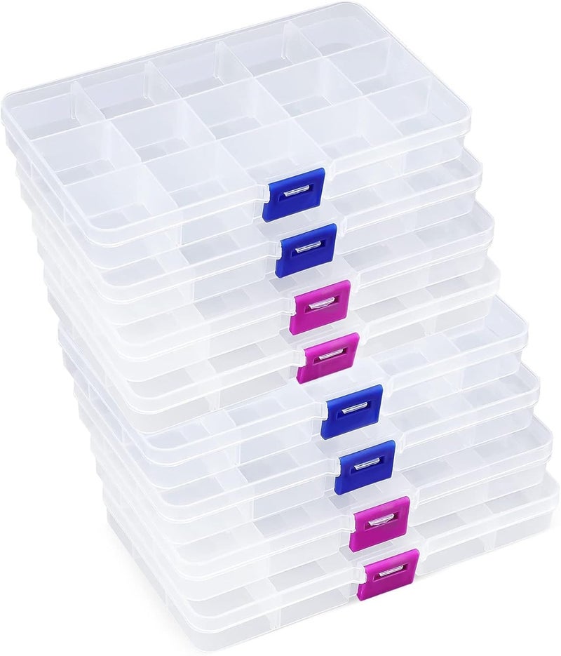 Opret 15 Girds Bead Organizer(8 Pack), Earring Organizer Box, SMALL Plastic Clear Organizing Containers with Adjustable Dividers for Crafts Jewelry Screws Small Items, Size 6.9×3.9×0.9in - Image 1