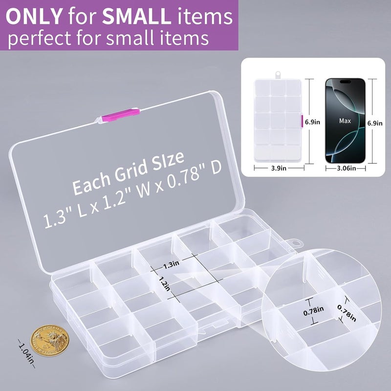 Opret 15 Girds Bead Organizer(8 Pack), Earring Organizer Box, SMALL Plastic Clear Organizing Containers with Adjustable Dividers for Crafts Jewelry Screws Small Items, Size 6.9×3.9×0.9in - Image 3