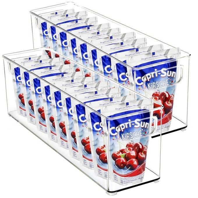 2 PACK STACKABLE PLASTIC STORAGE ORGANIZER CONTAINER BIN STACKABLE STORAGE BINS WITH HANDLER FOR REFRIGERATOR PANTRY 16 X 4 X 5
