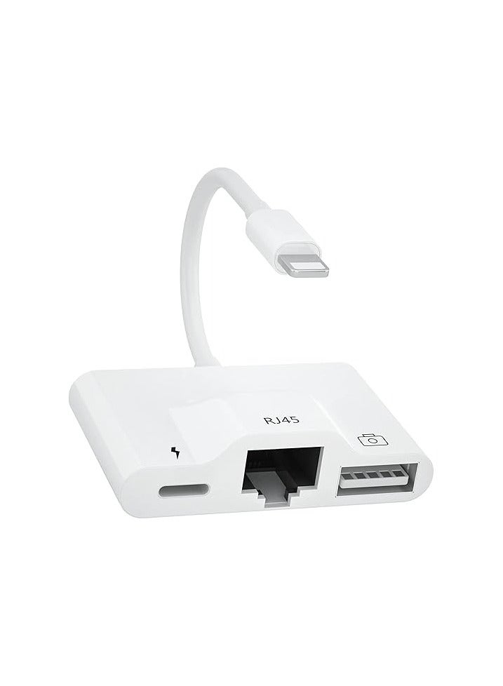 MFi Certified 3-in-1 Wired Network Adapter, RJ45 Ethernet LAN, 10-100 Mbps, USB OTG Camera Reader, Apple Charging Port for iPhone, iPad, iPod – White  - Image 1