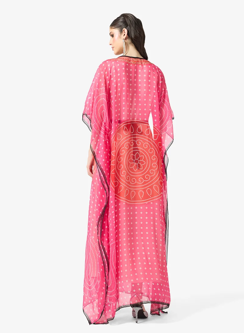 ARABIAN CLOSET Modern Bandhani Print V-Neck Kaftan