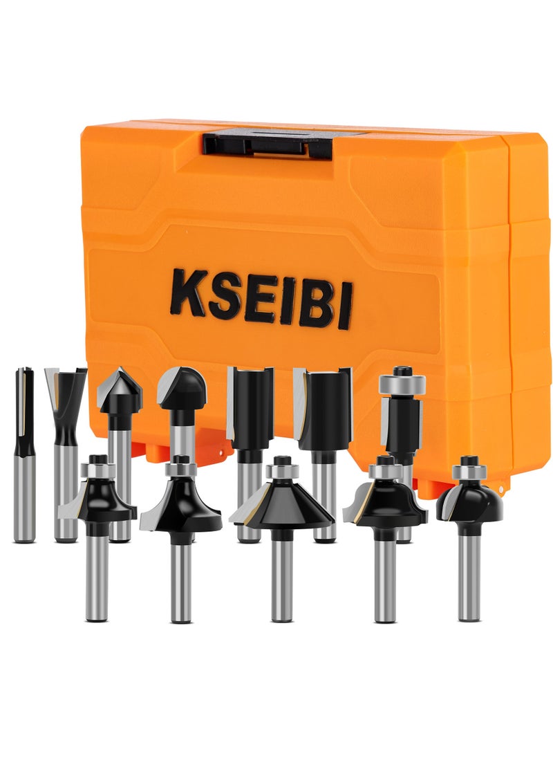 KSEIBI 1/4 Inch Router Bit Set, 12-Piece Tungsten Carbide Tips with Black Powder Coating, Durable Woodworking Tool Kit for Beginners and Semi-Professional Projects  - Image 1