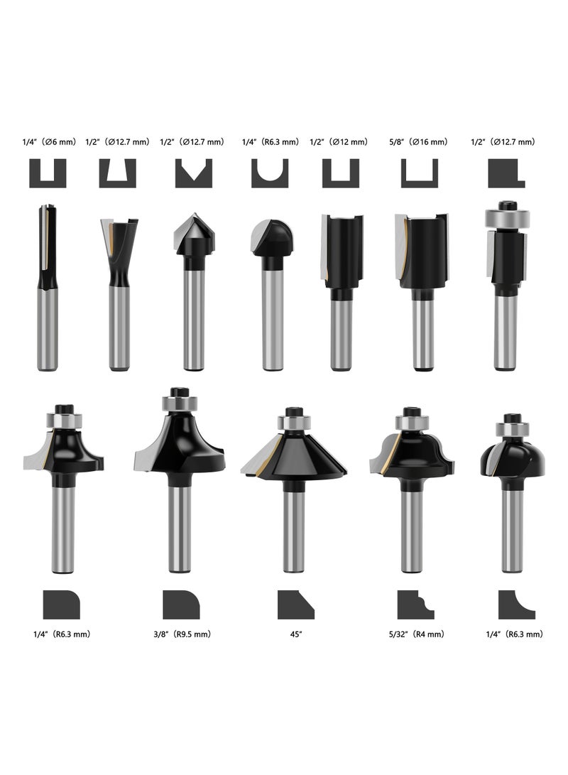 1/4 Inch Router Bit Set, 12-Piece Tungsten Carbide Tips with Black Powder Coating, Durable Woodworking Tool Kit for Beginners and Semi-Professional Projects