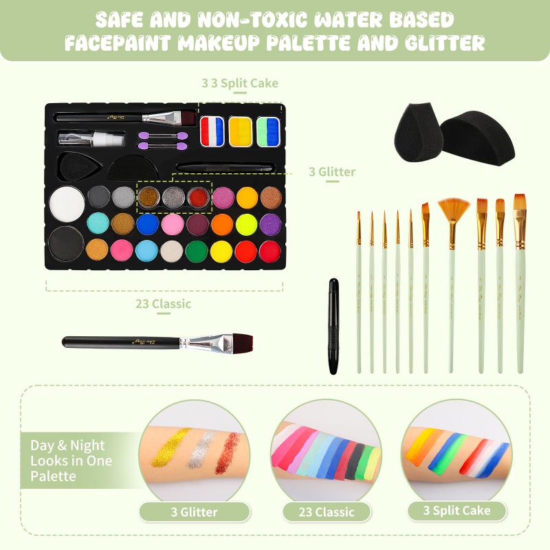 Pintada 26 Color Face Painting Kit for Kids - Non-Toxic Water Activated Face Paint Palette with Brush, Stencils, Gems - For Halloween, Carnivals, Costume Parties, Body Art, Fairs & Creative Events. - Image 3