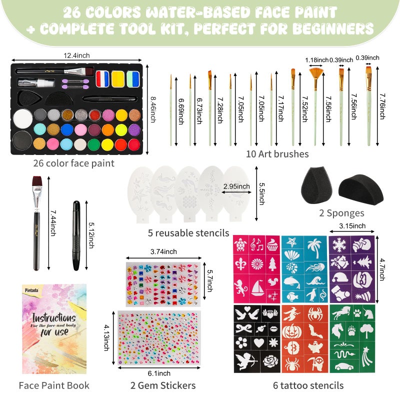 Pintada 26 Color Face Painting Kit for Kids - Non-Toxic Water Activated Face Paint Palette with Brush, Stencils, Gems - For Halloween, Carnivals, Costume Parties, Body Art, Fairs & Creative Events. - Image 2