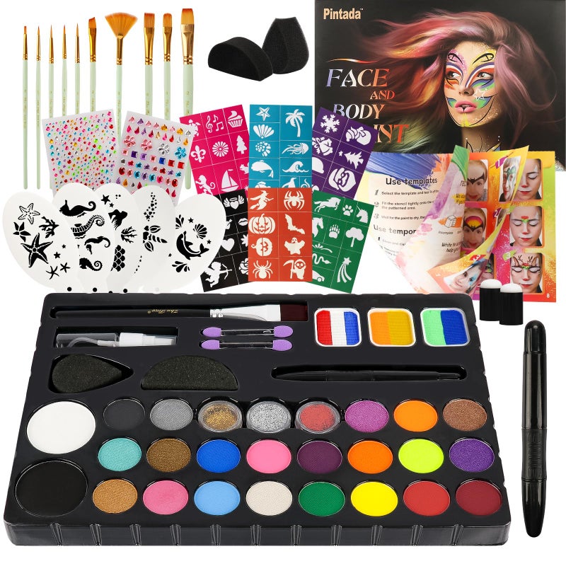 Pintada 26 Color Face Painting Kit for Kids - Non-Toxic Water Activated Face Paint Palette with Brush, Stencils, Gems - For Halloween, Carnivals, Costume Parties, Body Art, Fairs & Creative Events. - Image 1