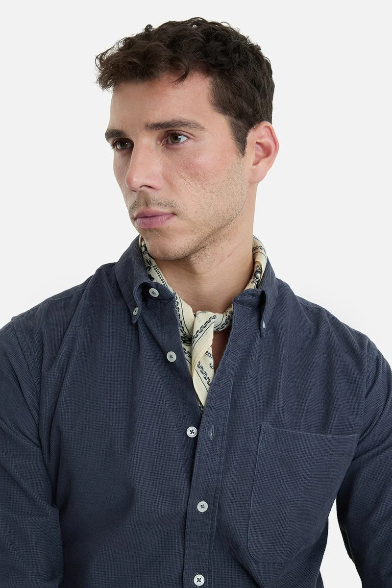 SNITCH Dark Blue Textured Long Sleeve Regular Fit Casual Shirt