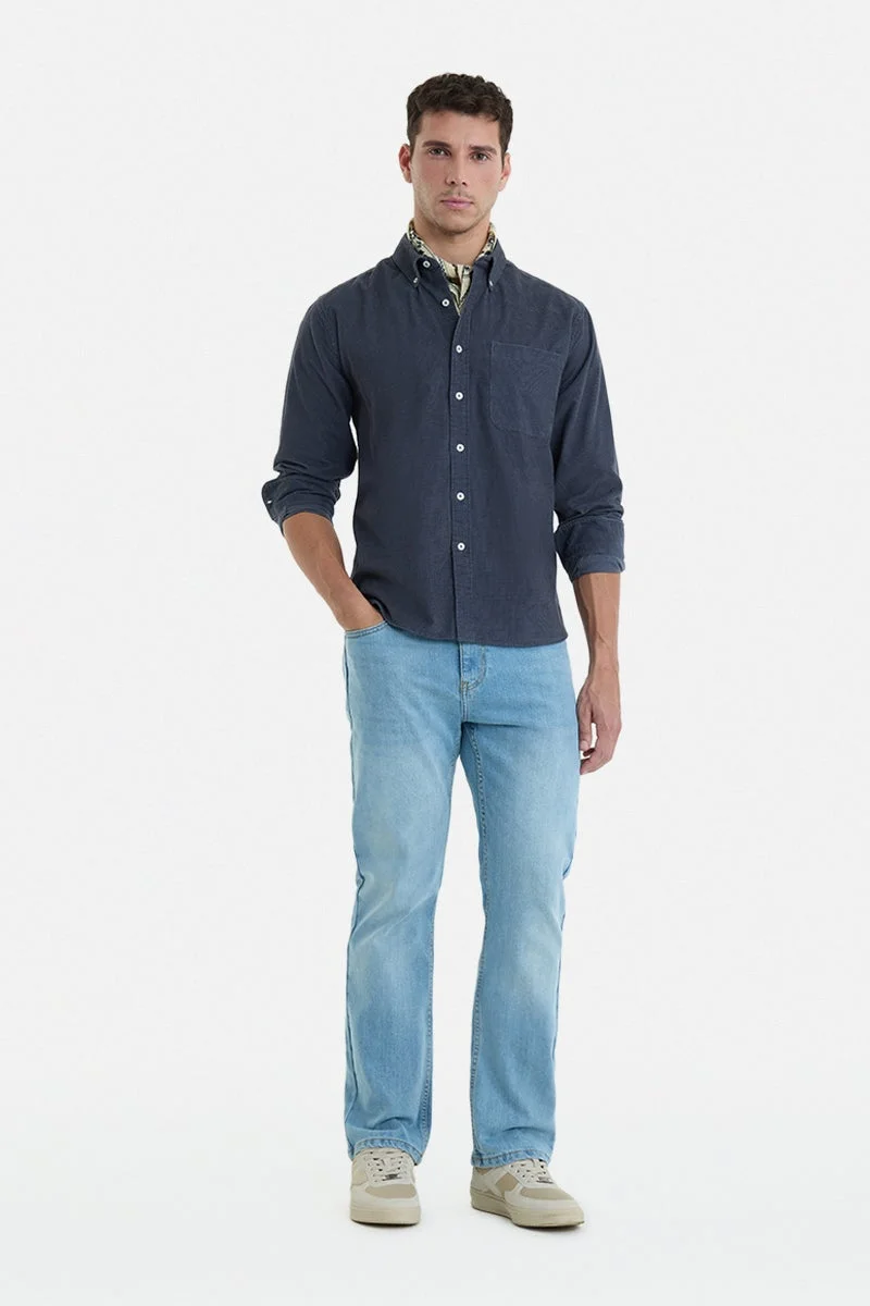 SNITCH Dark Blue Textured Long Sleeve Regular Fit Casual Shirt