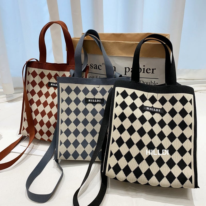 Korean Style Niche Design Black And White Houndstooth Knitted Crossbody Women'S Bag Handbag Shopping Bag Makeup Cosmetics Bag - Image 2