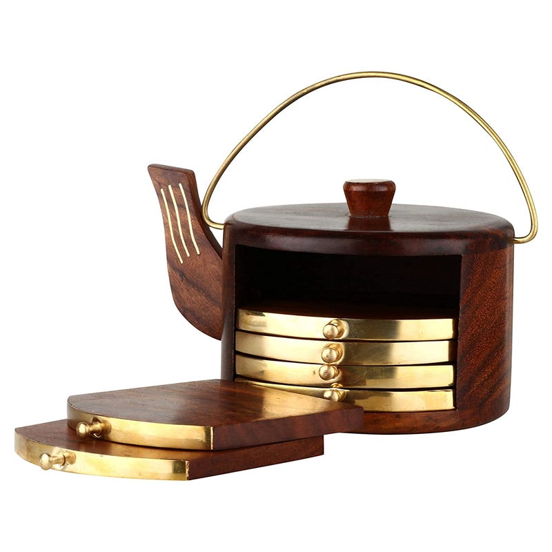 Chadhaji Rosewood Kettle Shape Coaster Set Heat Resistant Tea Coasters with Kettle Holder Wooden Coasters for Kitchen Dining Coffee Table Home Office Set of 6 Brown - Image 2