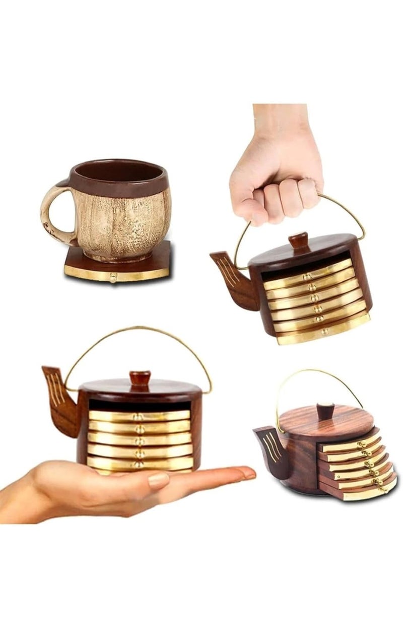 Chadhaji Rosewood Kettle Shape Coaster Set Heat Resistant Tea Coasters with Kettle Holder Wooden Coasters for Kitchen Dining Coffee Table Home Office Set of 6 Brown - Image 3