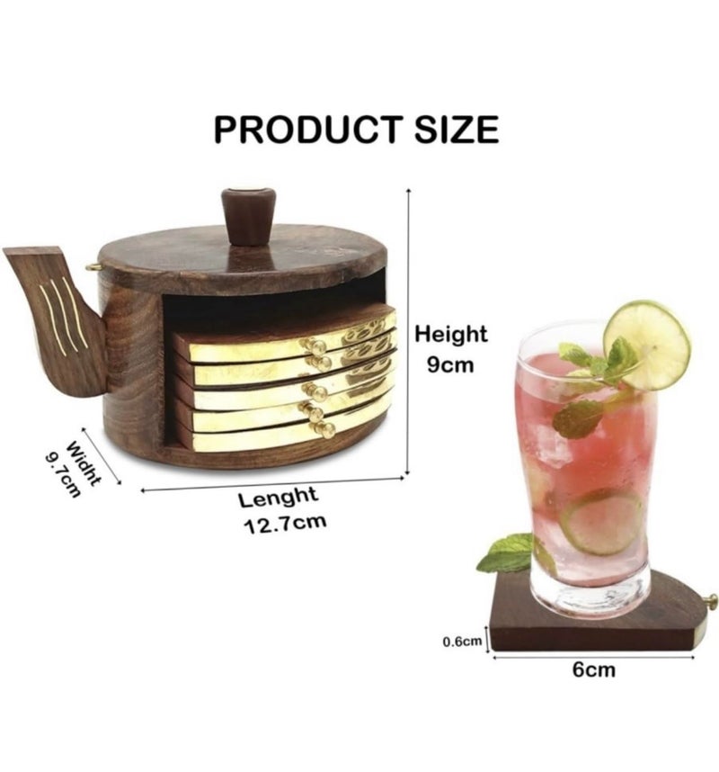 Chadhaji Rosewood Kettle Shape Coaster Set Heat Resistant Tea Coasters with Kettle Holder Wooden Coasters for Kitchen Dining Coffee Table Home Office Set of 6 Brown - Image 4