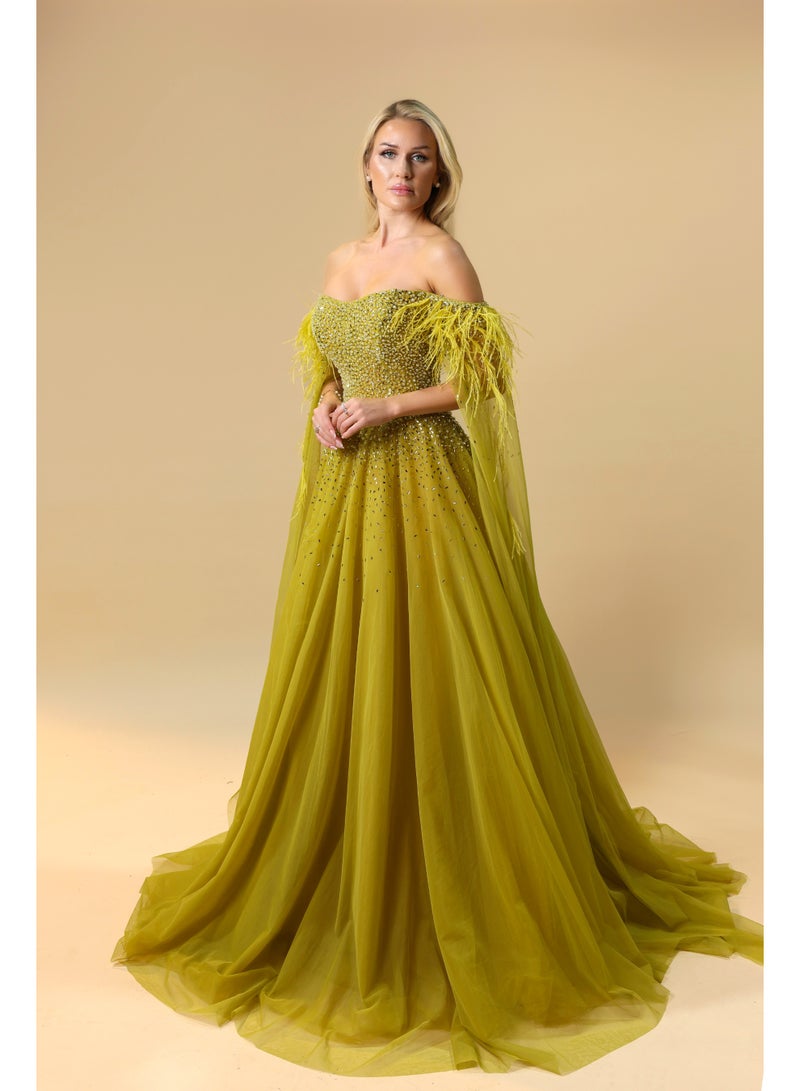 FAIZ COUTURE Emerald Envy – Crystal-Embellished Gown with Feathered Cape Sleeves - Image 3