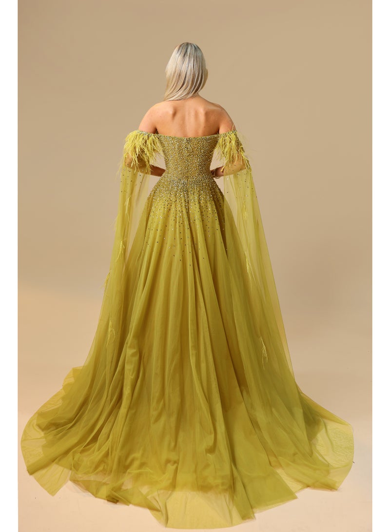 FAIZ COUTURE Emerald Envy – Crystal-Embellished Gown with Feathered Cape Sleeves - Image 4