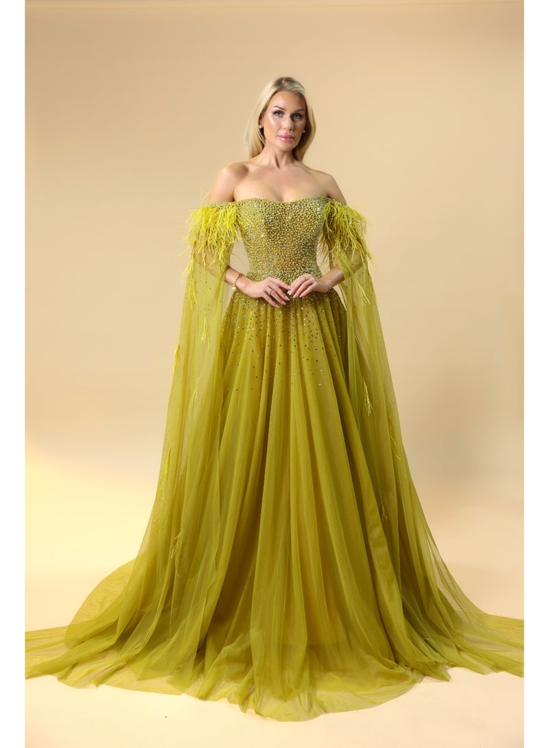 FAIZ COUTURE Emerald Envy – Crystal-Embellished Gown with Feathered Cape Sleeves - Image 1