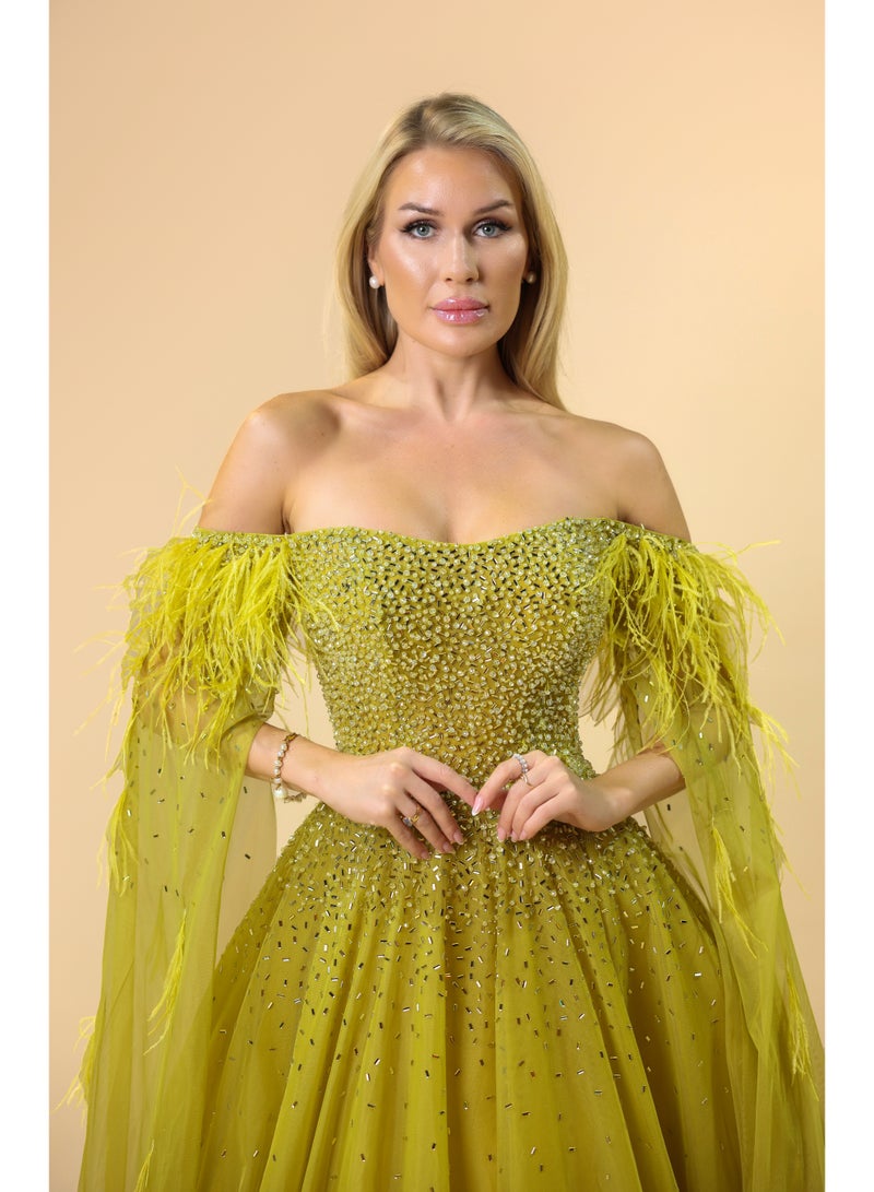 FAIZ COUTURE Emerald Envy – Crystal-Embellished Gown with Feathered Cape Sleeves - Image 2