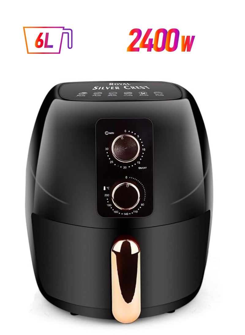 Royal Silver Crest - مقلاة رويال سيلفر كريست، 2400 واط، سعة 6 لتر، التحكم في درجة الحرارة والوقت، مقلاة هوائية ذات سعة كبيرة جدًا للقلي الصحي بدون زيت، والشواء، والتحميص، والخبز، باللون الأسود. - Image 1