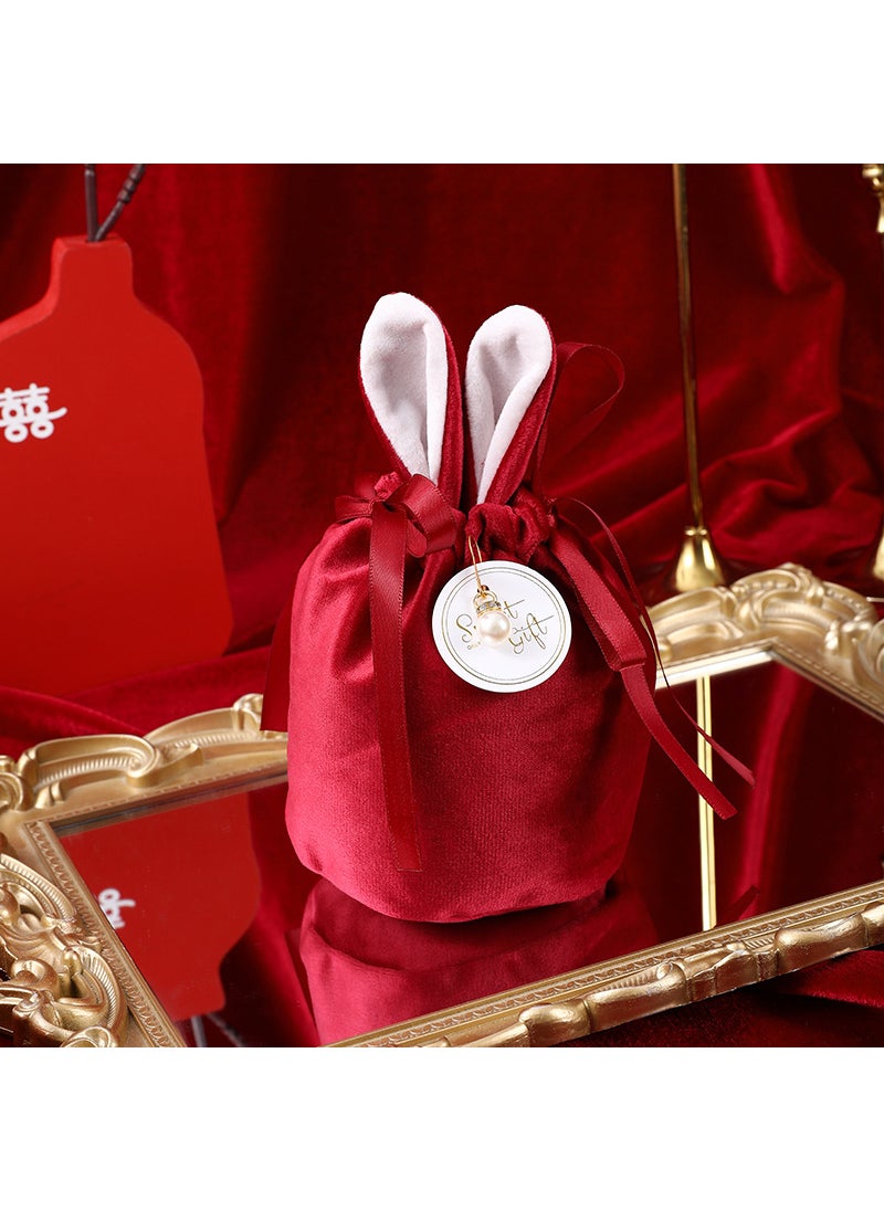 Generic New wedding Velvet Candy Bag rabbit ears gift box bag creative wedding candy box ins style hand bagWine Red + Pearl + Card Wine Red + Pearl + Card 