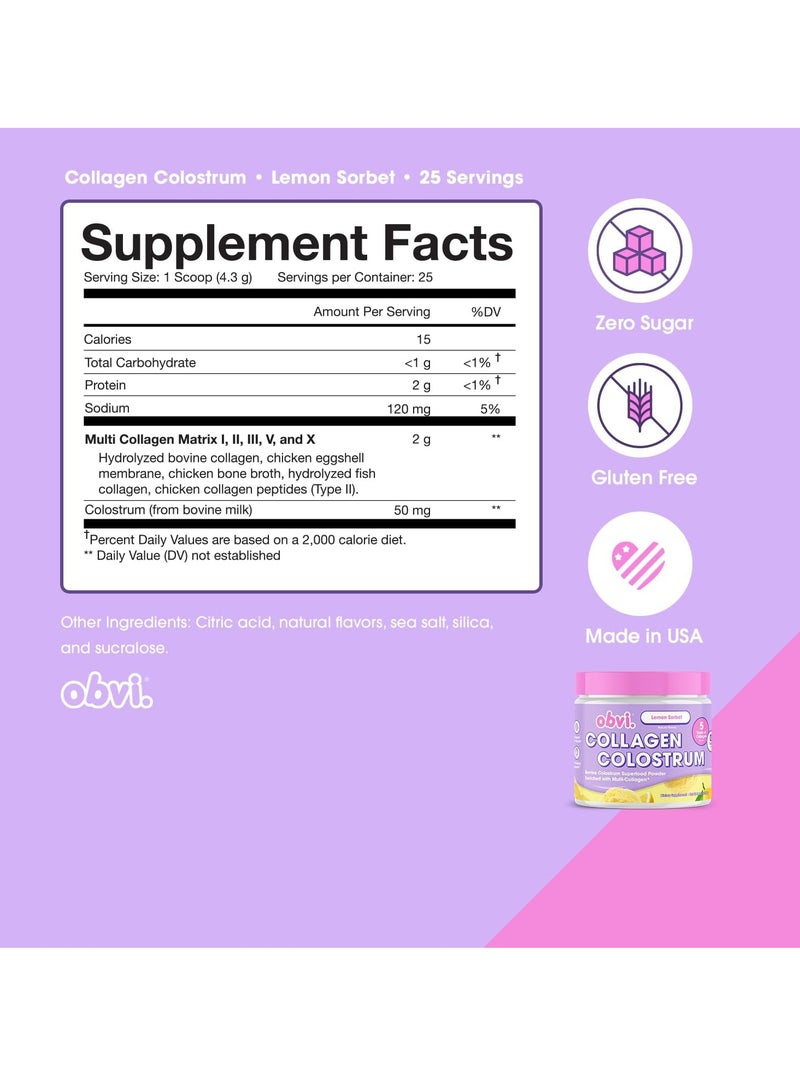 Obvi Collagen Peptide Colostrum Powder Lemon Sorbet 107.5g 30 serving - Image 2
