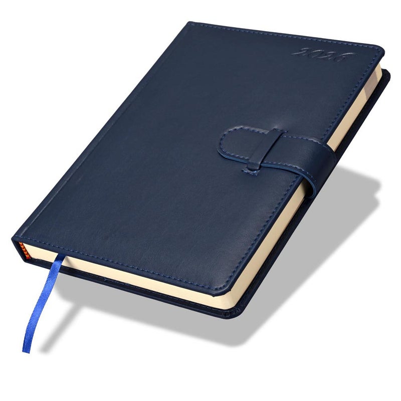 FIS 2026 Agenda Diary, 170x240mm, 1 Side Padded & Sewn Italian PU Cover, Round Corner with Strap Closure, 1 Day a Page Format, English, 70gsm Italian Ivory Paper, Blue Cover - FSDI75E26BL - Image 1