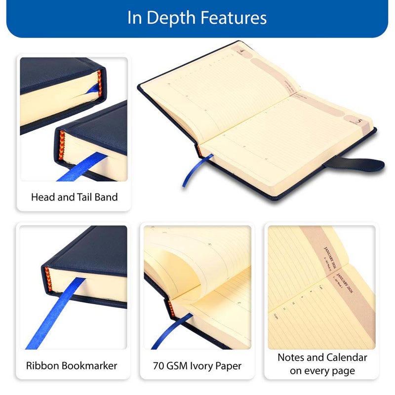 FIS 2026 Agenda Diary, 170x240mm, 1 Side Padded & Sewn Italian PU Cover, Round Corner with Strap Closure, 1 Day a Page Format, English, 70gsm Italian Ivory Paper, Blue Cover - FSDI75E26BL - Image 5