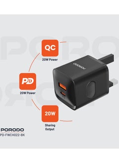 porodo Dual port Wall Charger / USB-C and USB-A Output / PD plus QC 20W UK Charger - Black  - Image 2