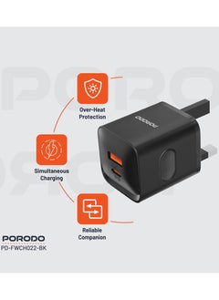 porodo Dual port Wall Charger / USB-C and USB-A Output / PD plus QC 20W UK Charger - Black  - Image 3