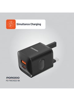 porodo Dual port Wall Charger / USB-C and USB-A Output / PD plus QC 20W UK Charger - Black  - Image 4