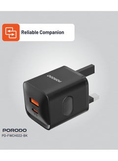 porodo Dual port Wall Charger / USB-C and USB-A Output / PD plus QC 20W UK Charger - Black  - Image 5