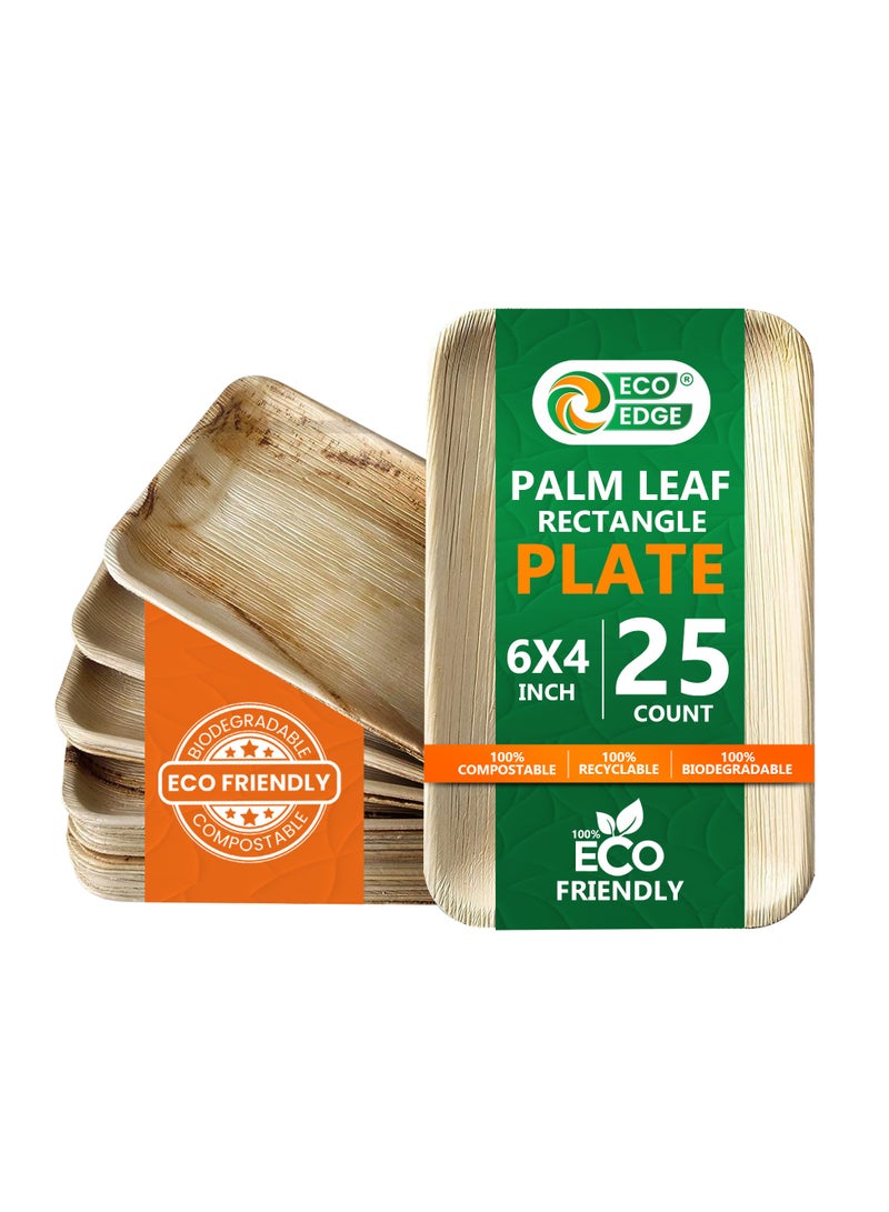 EcoEdge 6x4 Inch Rectangle Areca Palm Leaf Disposable Plates (Pack of 25) | Plant Based, Eco-Friendly, Finish, Nature inspired | Sturdy, Stylish, Disposables for Multi use | 100% Biodegradable - Image 1