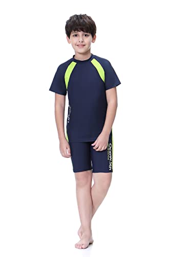 KID1234 Kids Boys Swimsuits UPF50+UV Swimwear Set Two Piece Rash Guard with hat for 4-14 Years Dark Blue - Image 3