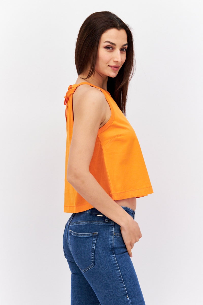ESPRIT Women Tie Neck Sleeveless Solid Top, Orange - Image 2