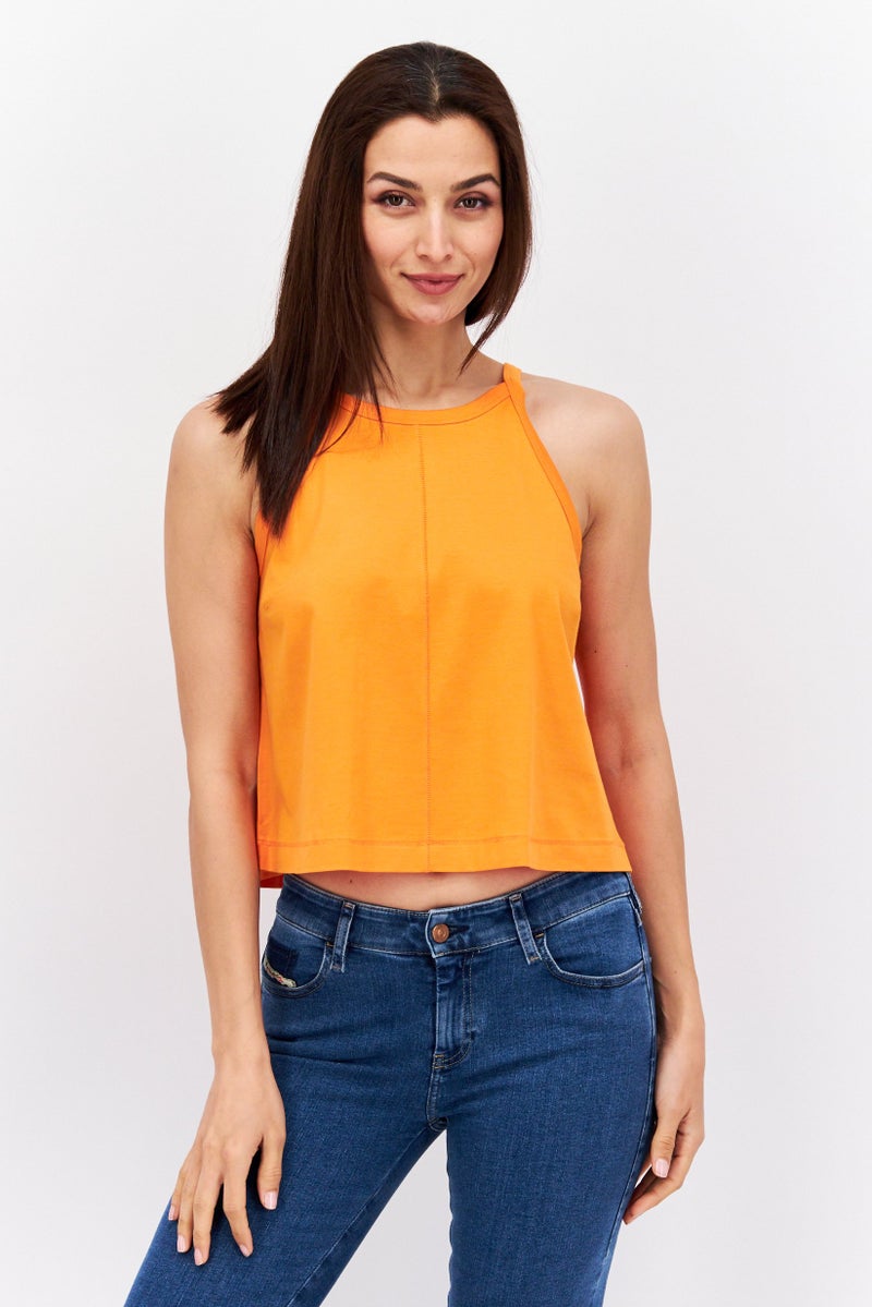 ESPRIT Women Tie Neck Sleeveless Solid Top, Orange - Image 1