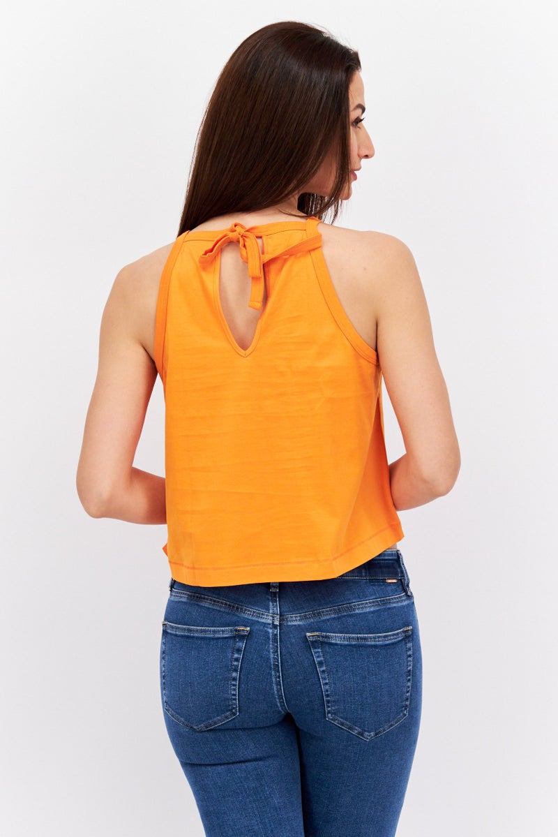ESPRIT Women Tie Neck Sleeveless Solid Top, Orange - Image 4