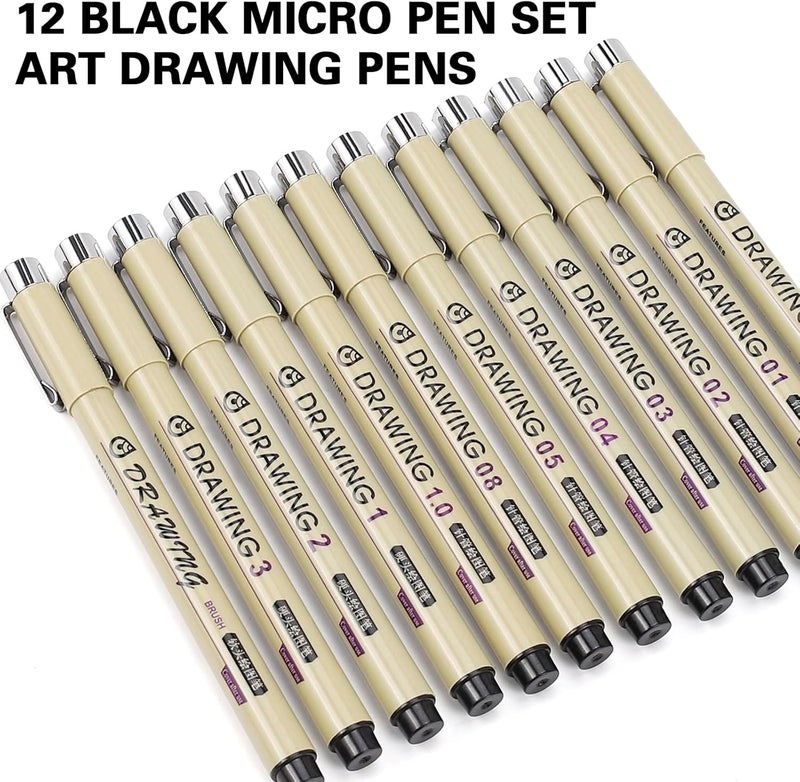KOUSICOO Muchcute Micro Fineliner Drawing Art Pens: 12 Black Fine Line Waterproof Ink Set Artist Supplies Archival Inking Markers Liner Sketch Outline Anime Gifts Manga Sketching Watercolor Zentangle Kit Stuff - Image 3