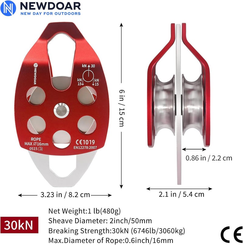 Newdoar 30 KN CE Certified Large Rescue Pulley Single/Double Sheave with Swing Plate - Image 2