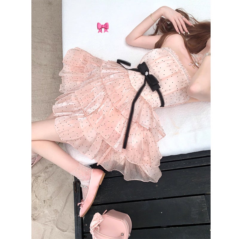 Aristocratic Family Gui Xiang ~ Sweet Wave Dot dress Womens 2025 Summer New Pleated Design Pearlescent Tube-length Suspenders Skirt Pink polka dots