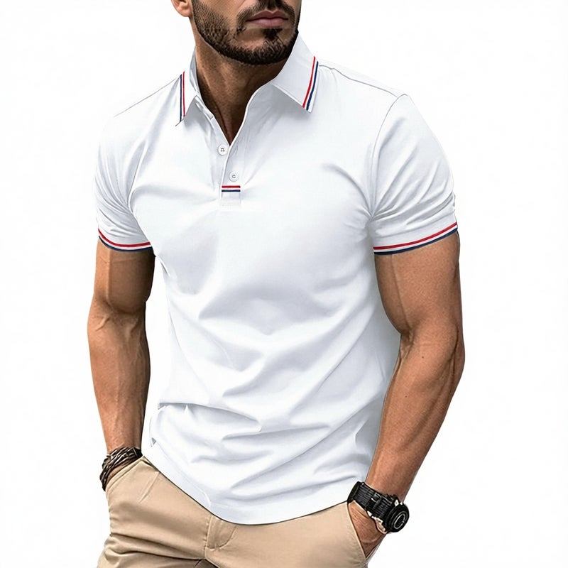 Men's Casual Polo Shirt with Contrast Trim, Button Closure, Collared Business Top